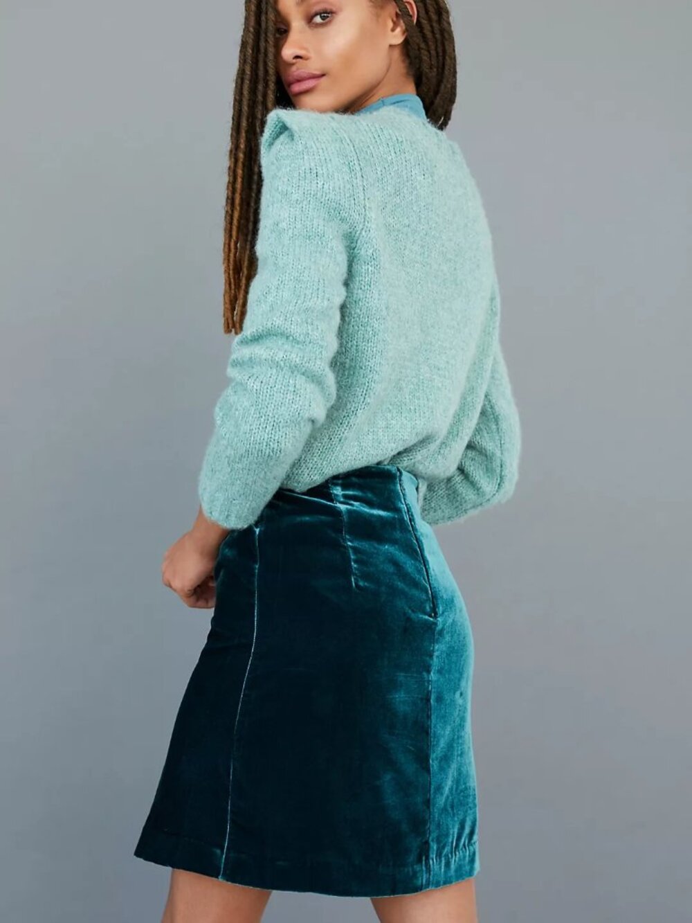 Anthropologie Velvet Mini Skirt Teal Green Ruched Front Womens Size 6 Holiday - Picture 2 of 11